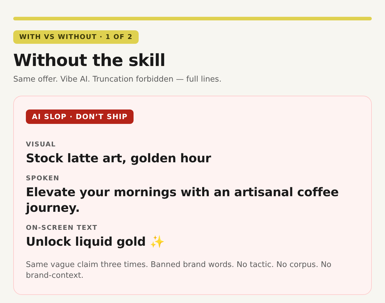 Without skill — AI slop hooks